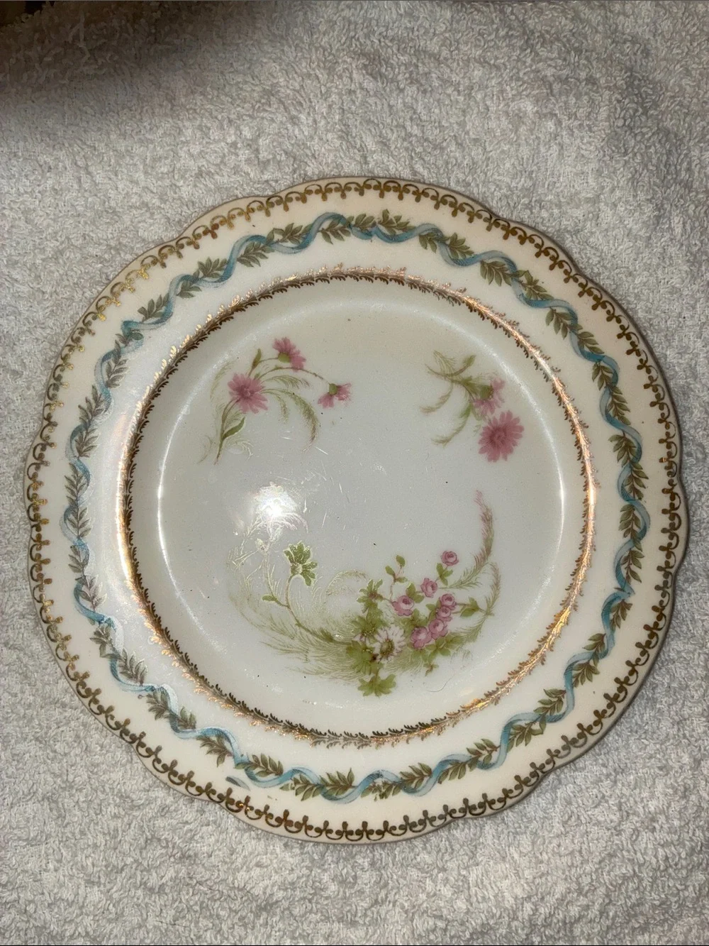 Antique Porcelain Flower Plate Daisy Roses Ribbons Applied Gold Pink Blue Green